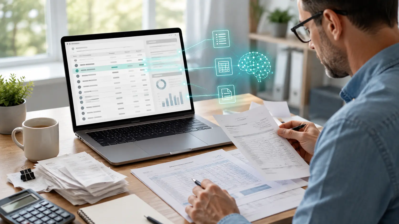Ondernemer controleert financiële documenten terwijl AI boekhoudgegevens op een laptop verwerkt.
