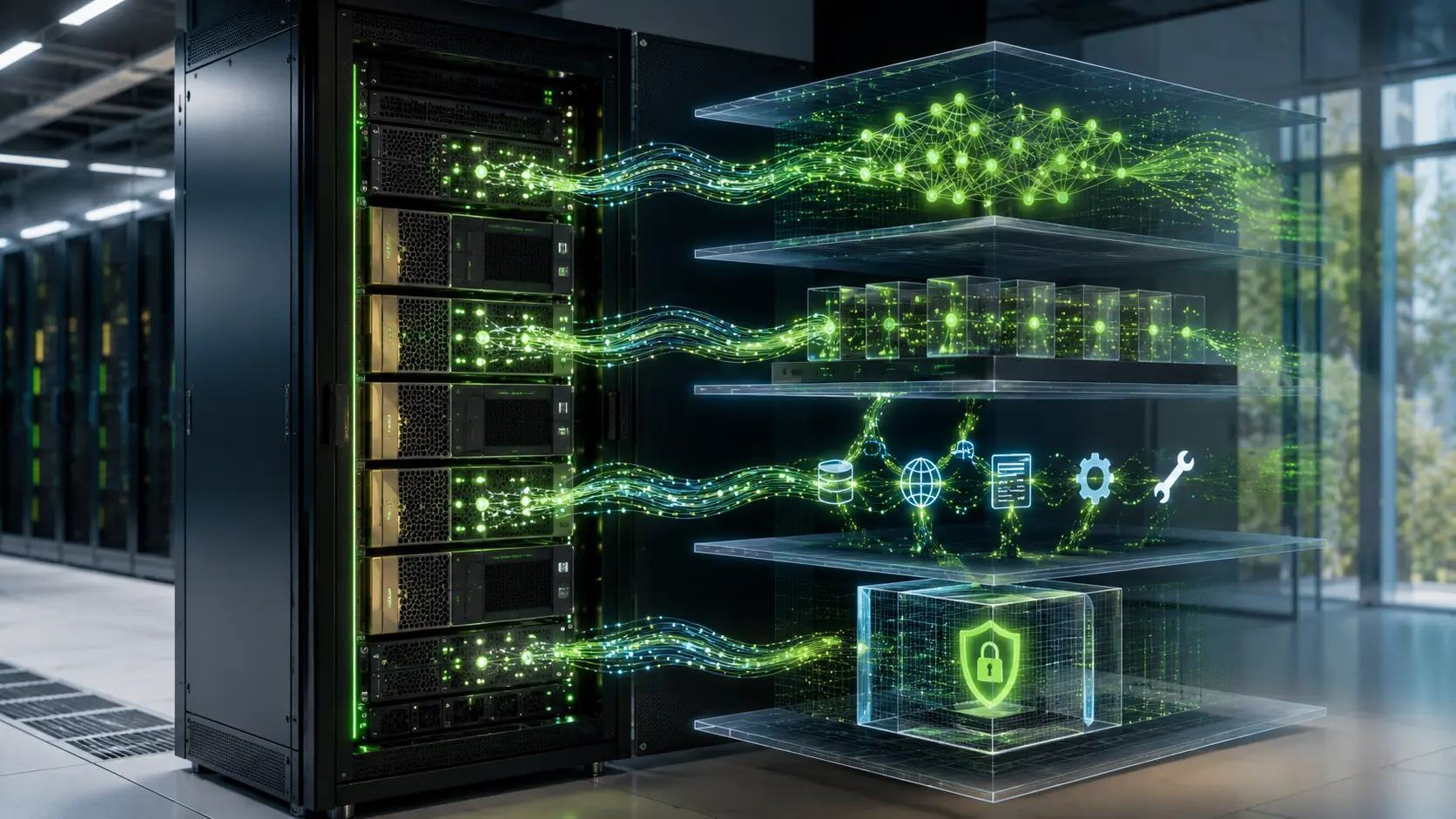GPU server infrastructure with layered AI workflows and secure sandboxing in a modern data center.