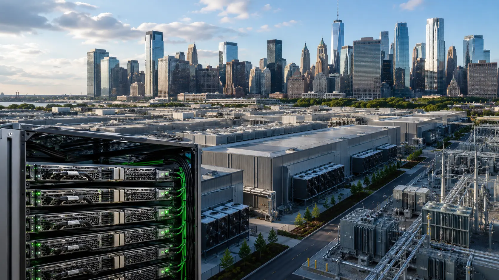 AI-datacentercampus met serverracks en energie-infrastructuur voor de skyline van het financiële district van New York.