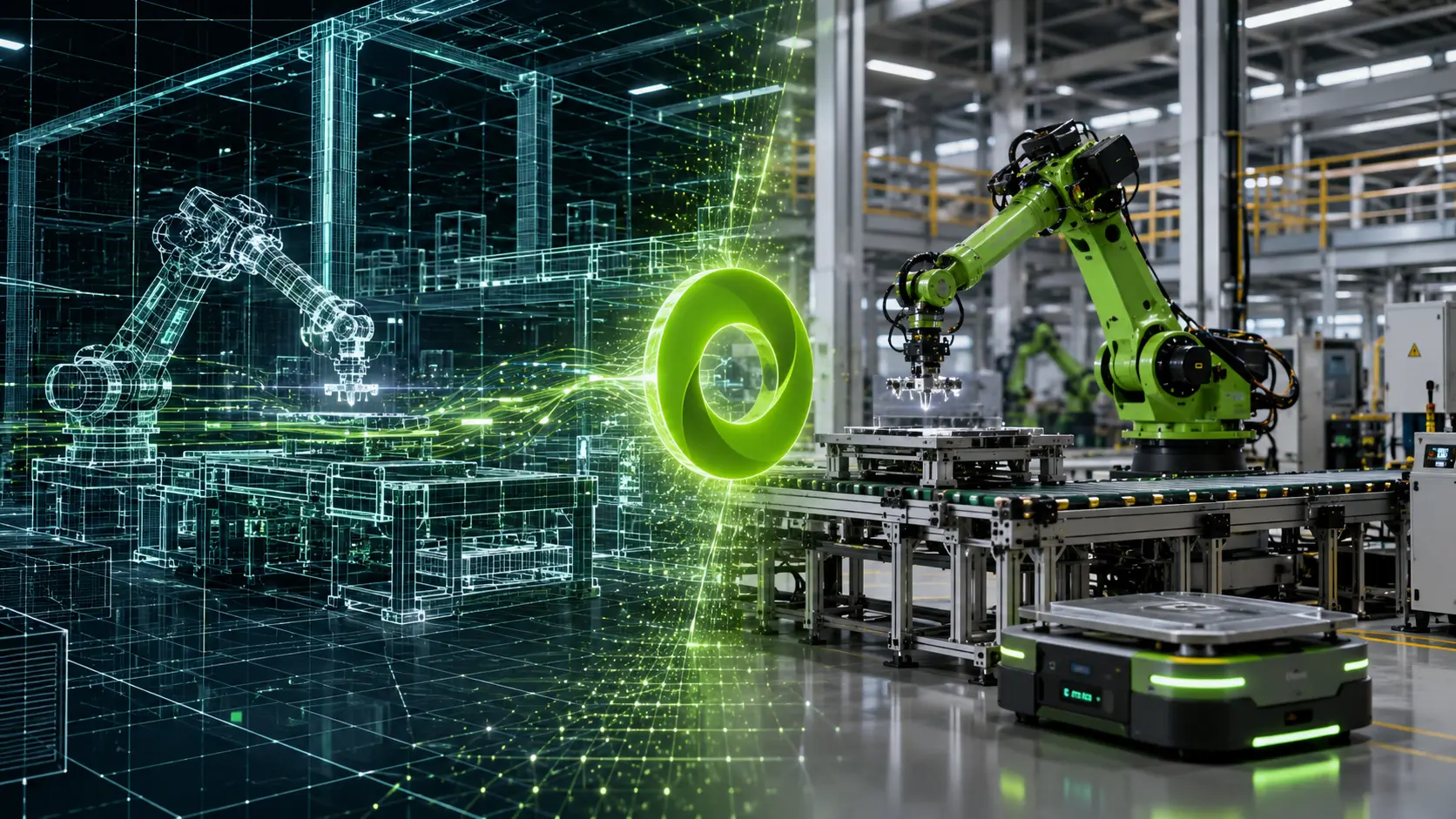 Robotic factory with a digital twin visualization connecting simulated and physical automation systems.
