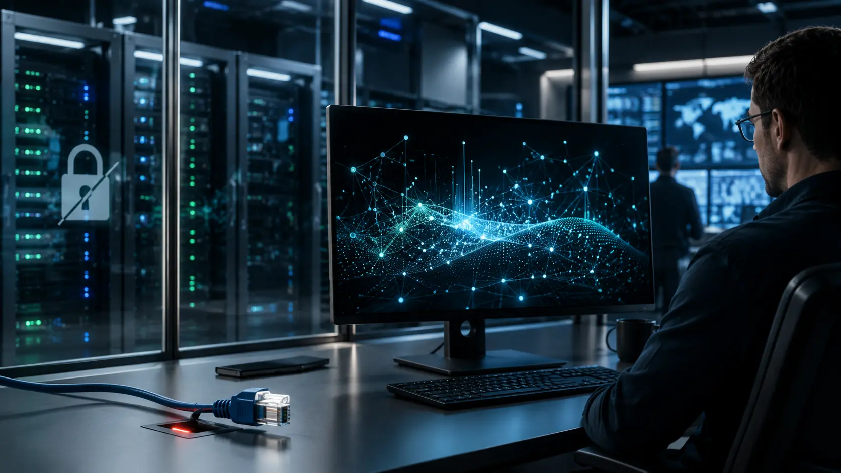 Cybersecurityonderzoeker bekijkt een geïsoleerd AI-systeem in een serverruimte met een losgekoppelde netwerkkabel.
