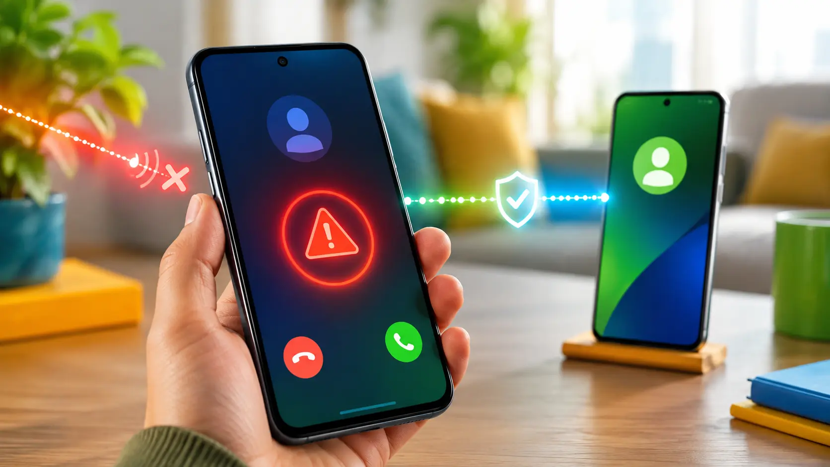 Android-telefoon waarschuwt voor een mogelijk nagebootste oproep terwijl twee toestellen digitaal worden gecontroleerd.