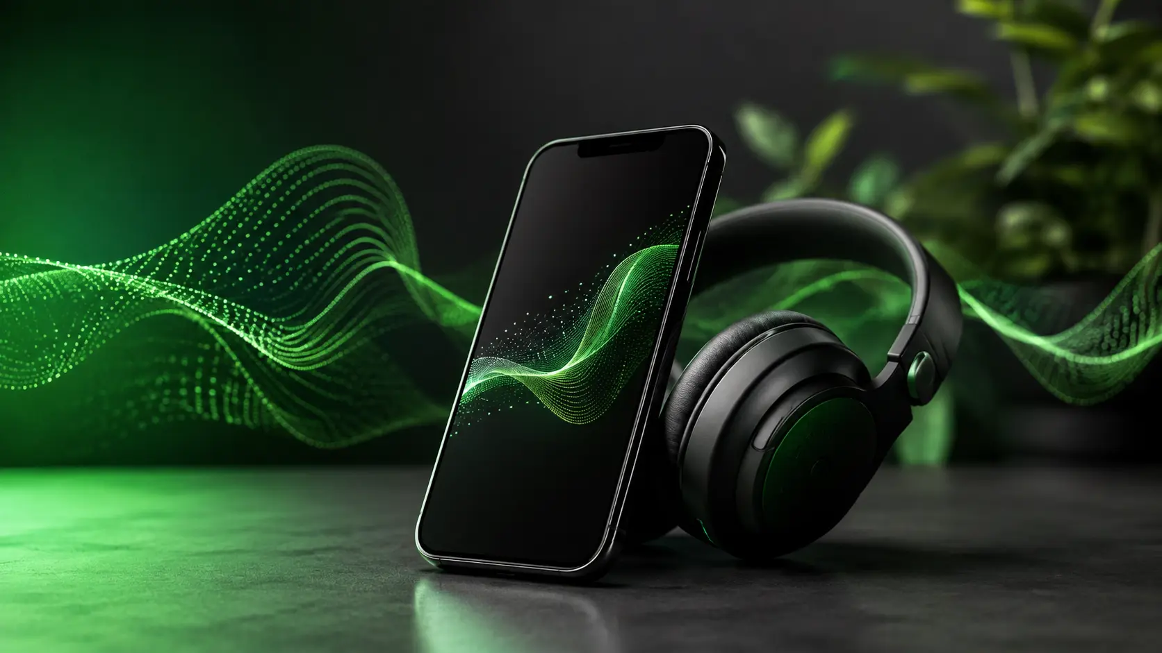 Smartphone en koptelefoon, verlicht met accenten in Spotify-groen en abstracte audiopatronen die verwijzen naar muziekstreaming op basis van AI.