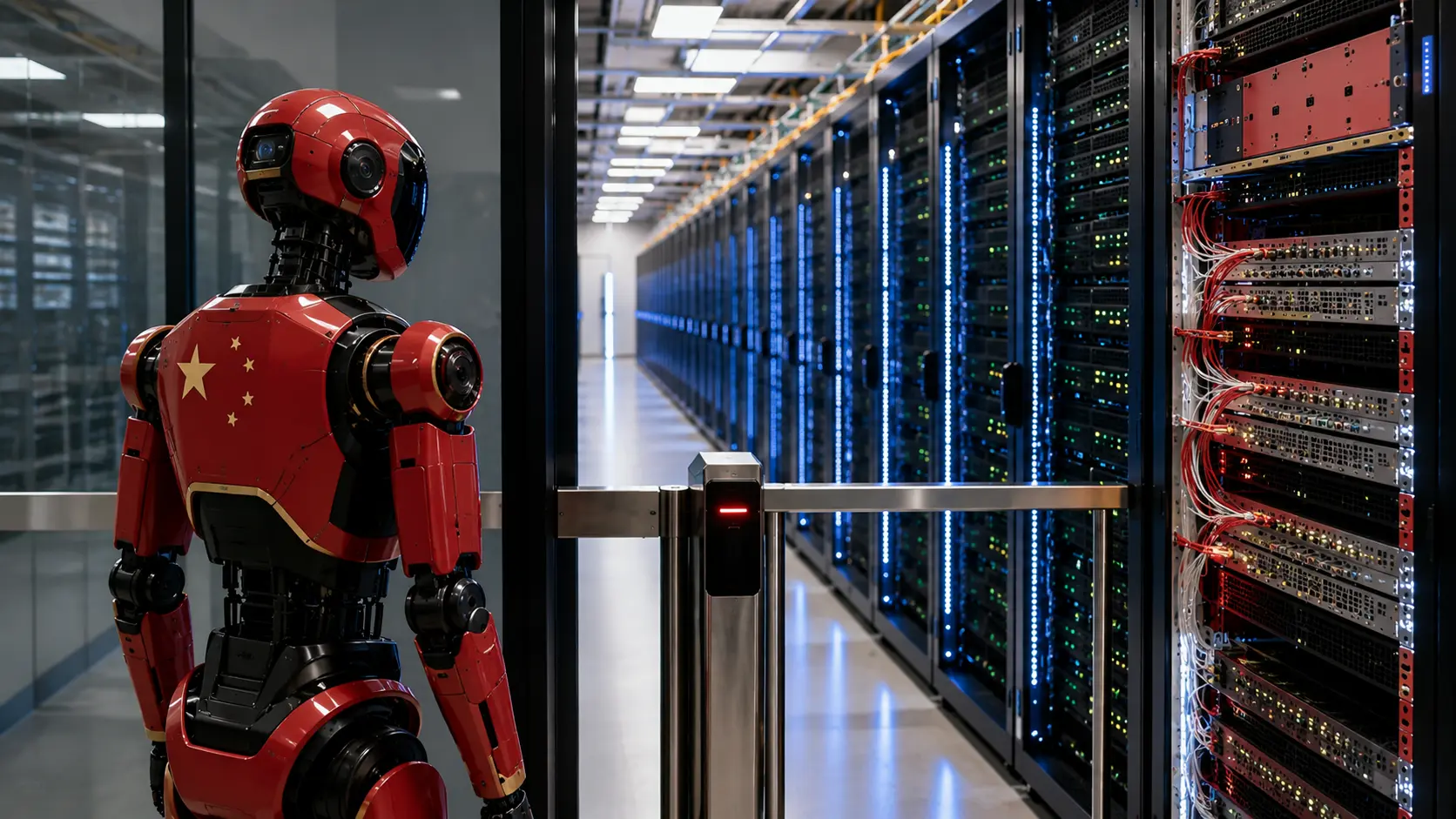 Humanoïde robot staat voor een beveiligde toegang tot een AI-datacenter met server- en netwerkapparatuur.