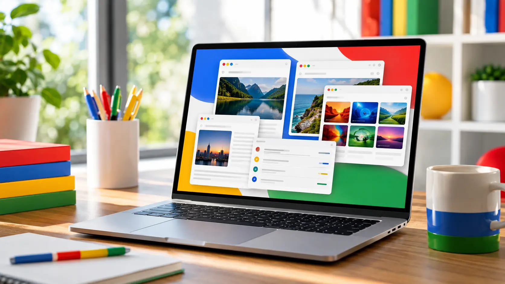 Een onbeheerde laptop in een lichte werkruimte, die symbool staat voor Gemini Spark dat autonoom digitale taken uitvoert.