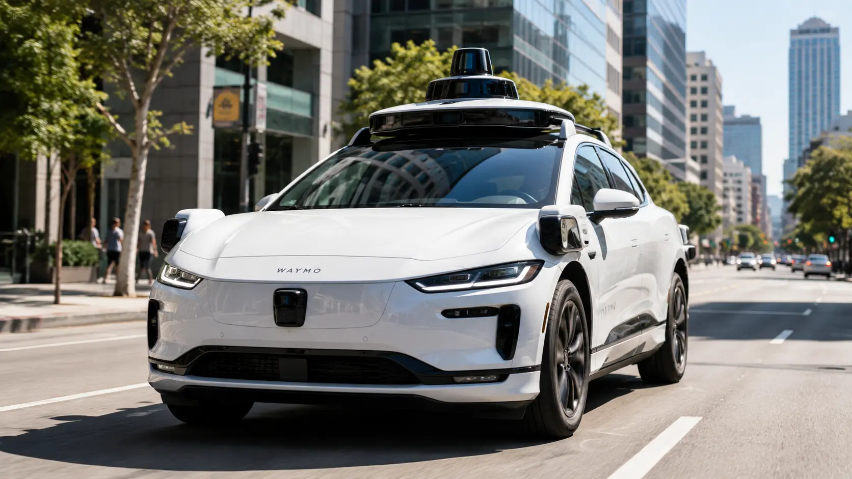Een autonome robotaxi van Waymo rijdt door een helder verlichte stadsstraat, waarbij het sensorsysteem op het dak duidelijk zichtbaar is.
