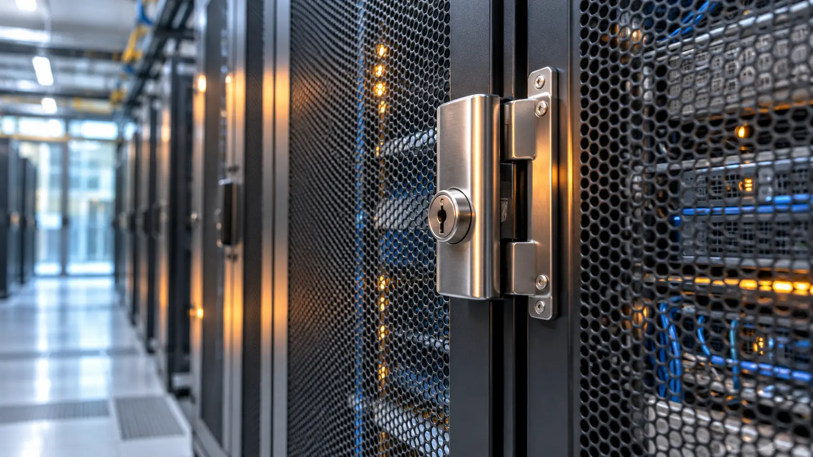 Metalen slot op een gesloten serverkast, met blauwe en amberkleurige verlichting in een datacenter
