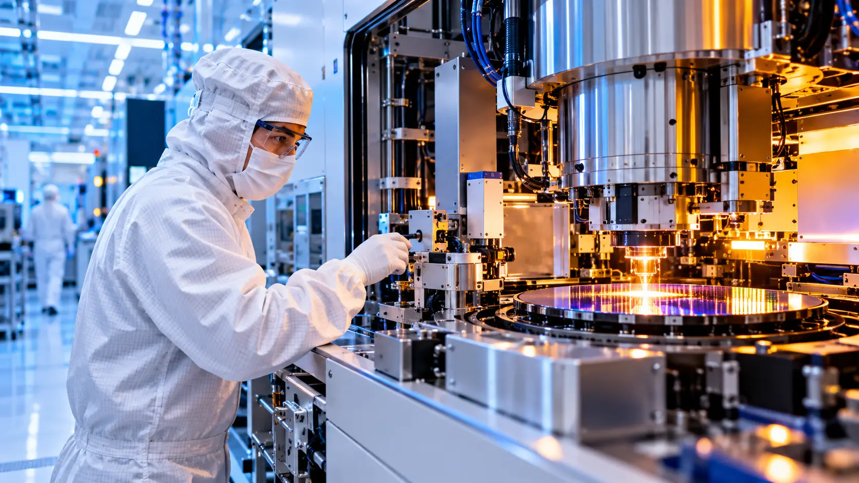 ASML cleanroom technician working beside advanced semiconductor manufacturing equipment under contrasting blue and amber light.