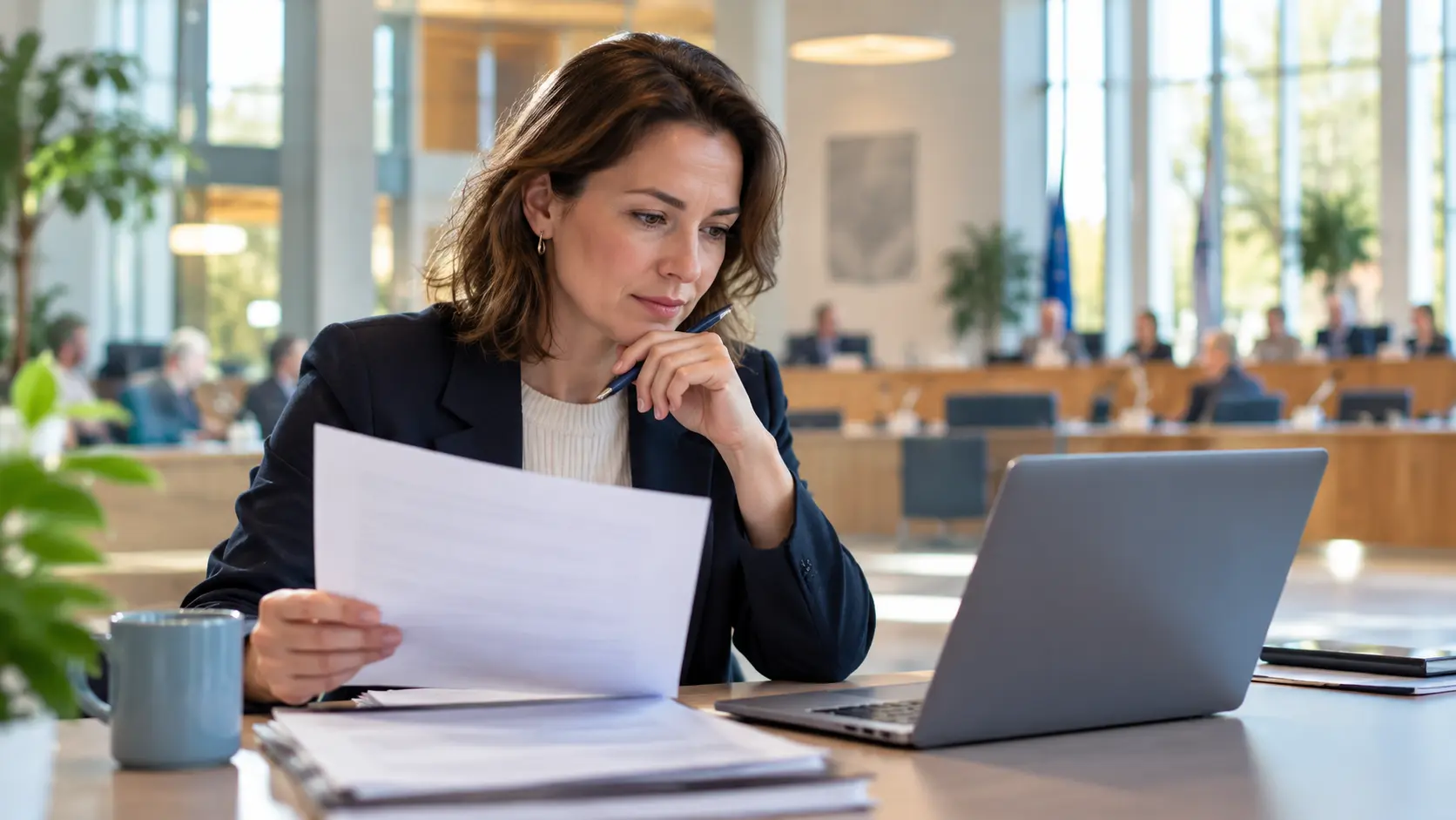 Gemeentemedewerker bekijkt een document naast haar laptop in een lichte vergaderruimte.
