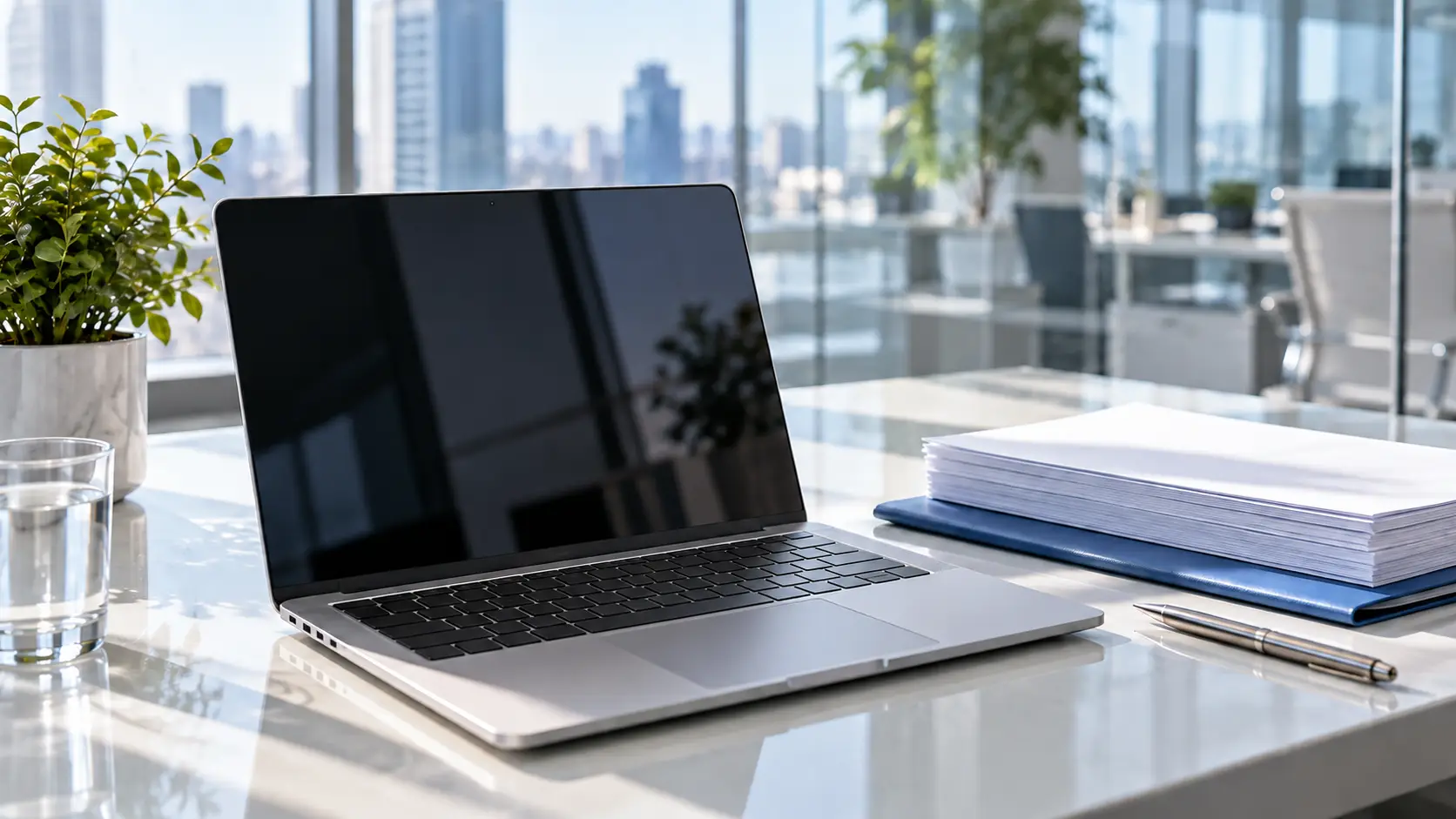 Zilveren laptop naast een stapel witte documenten, een blauwe map en een pen op een licht kantoorbureau