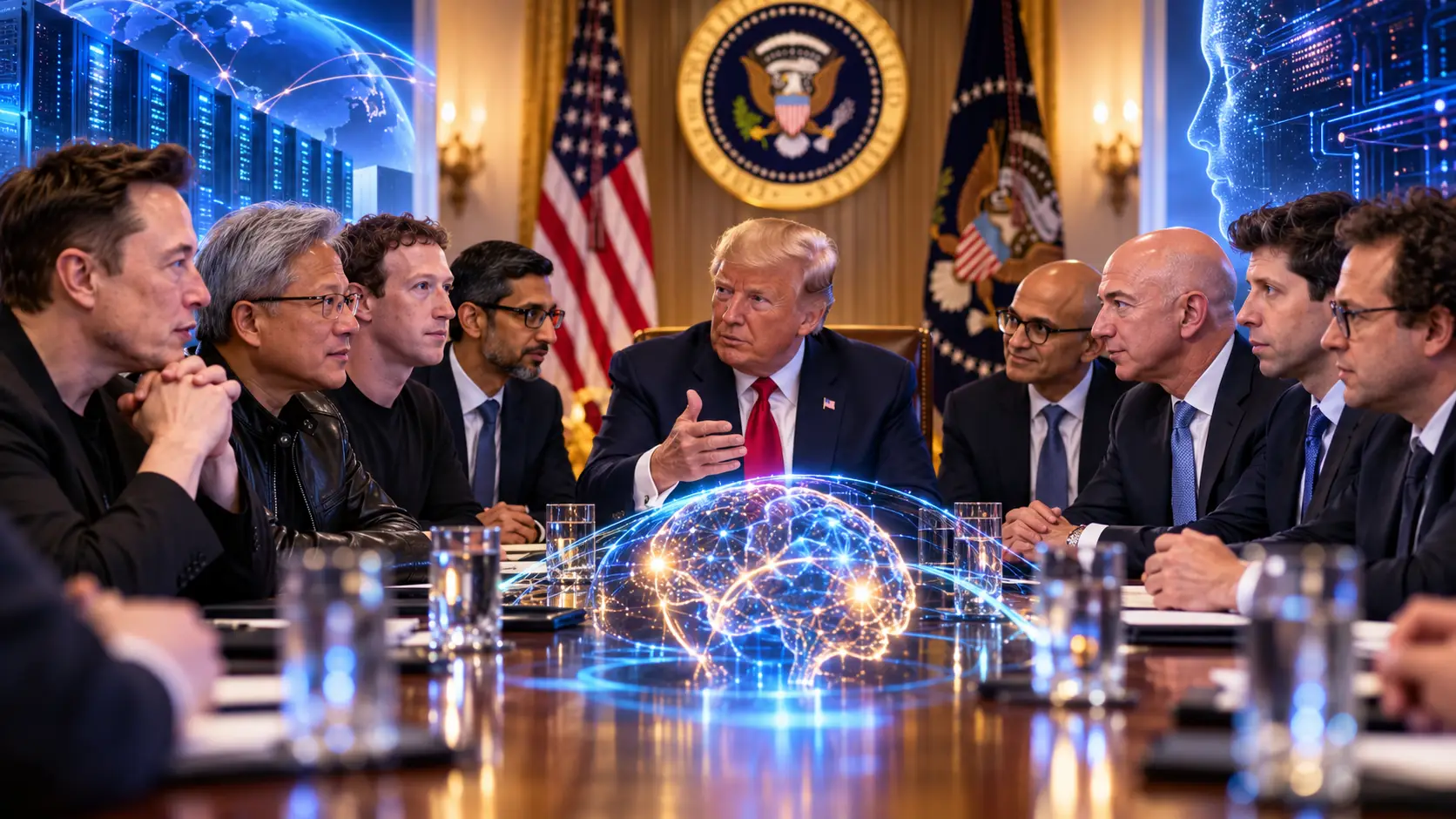 Trump bespreekt AI met Amerikaanse techleiders rond een lange tafel in het Witte Huis.