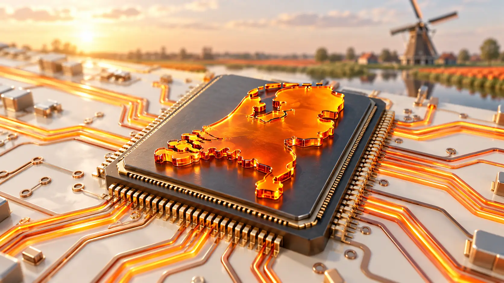 Oranje silhouet van Nederland op een computerchip, met lichtgevende circuitlijnen en een molen op de achtergrond.