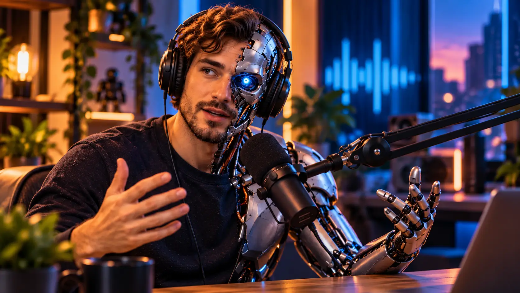 Half menselijke, half robotachtige podcastpresentator spreekt in een studiomicrofoon, met warme oranje en blauwe studioverlichting.
