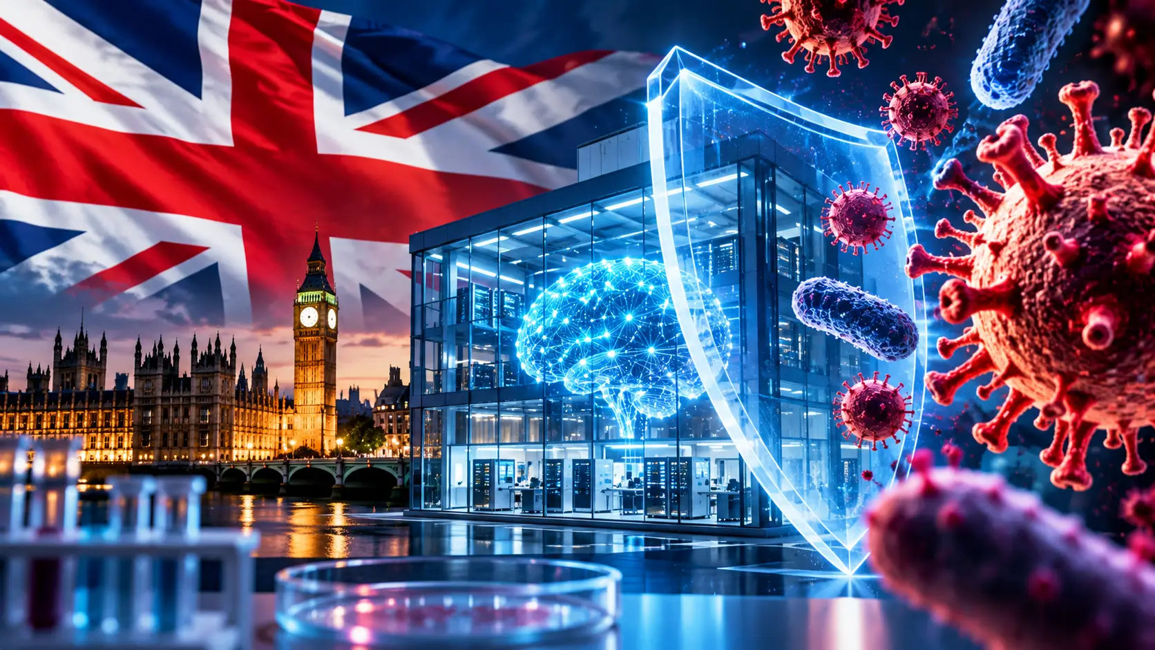 Illustratie van een Brits AI-laboratorium met een digitaal beschermingsschild dat rode virusdeeltjes tegenhoudt, met de Britse vlag op de achtergrond.