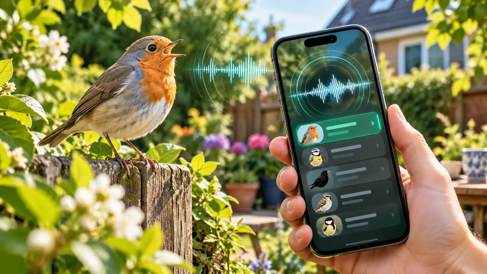 Zingend roodborstje in een kleurrijke Nederlandse tuin, naast een smartphone die vogelgeluiden met AI analyseert.