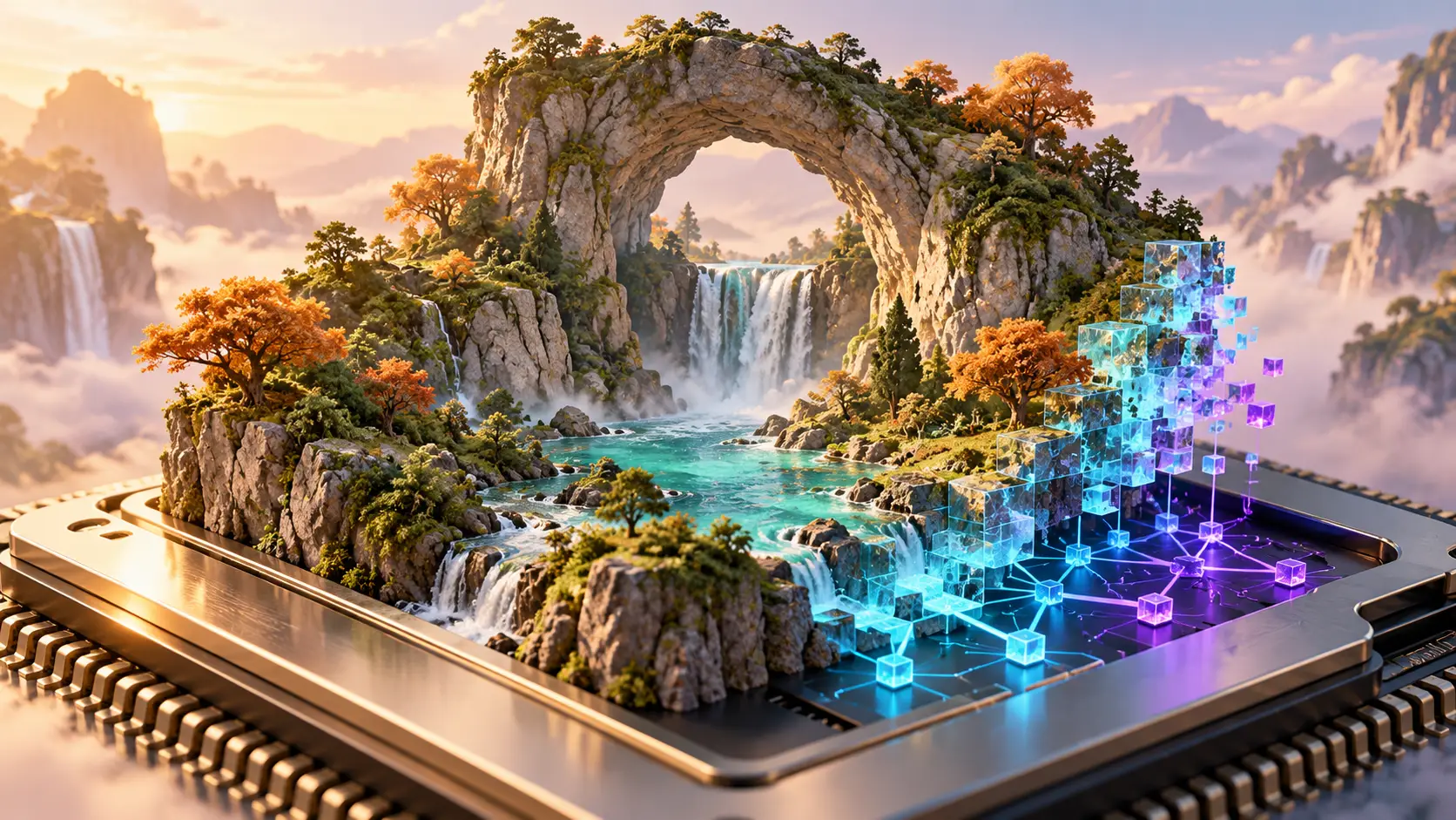 Kleurrijke gamewereld met een stenen boog en watervallen op een processor, overgaand in blauwe en paarse digitale blokjes.
