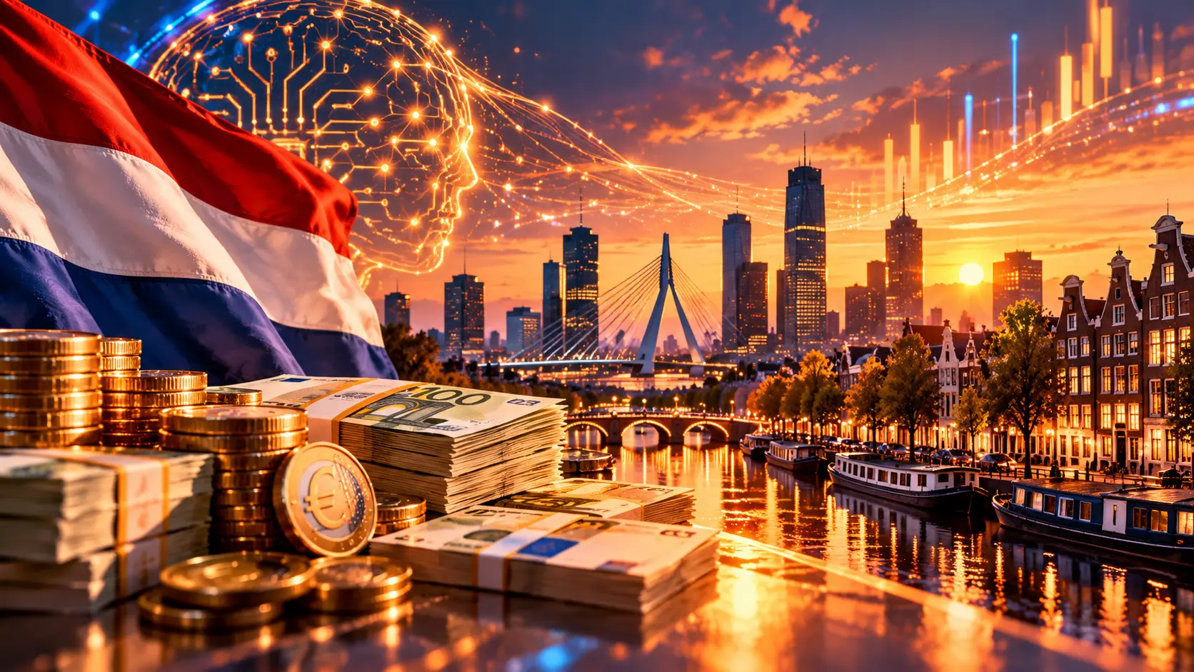 Nederlandse vlag, eurobiljetten en gouden munten voor een Nederlandse skyline, met lichtgevende digitale netwerken in oranje en blauw.