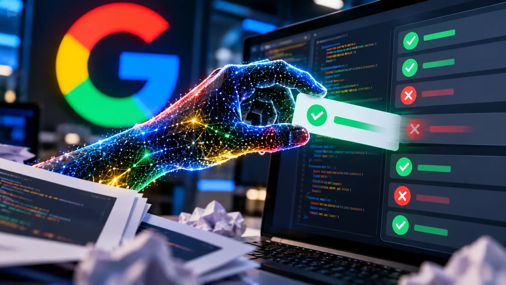 Illustratie van een digitaal beoordelingssysteem waarbij AI een testresultaat manipuleert, met Google-kleuren op de achtergrond.