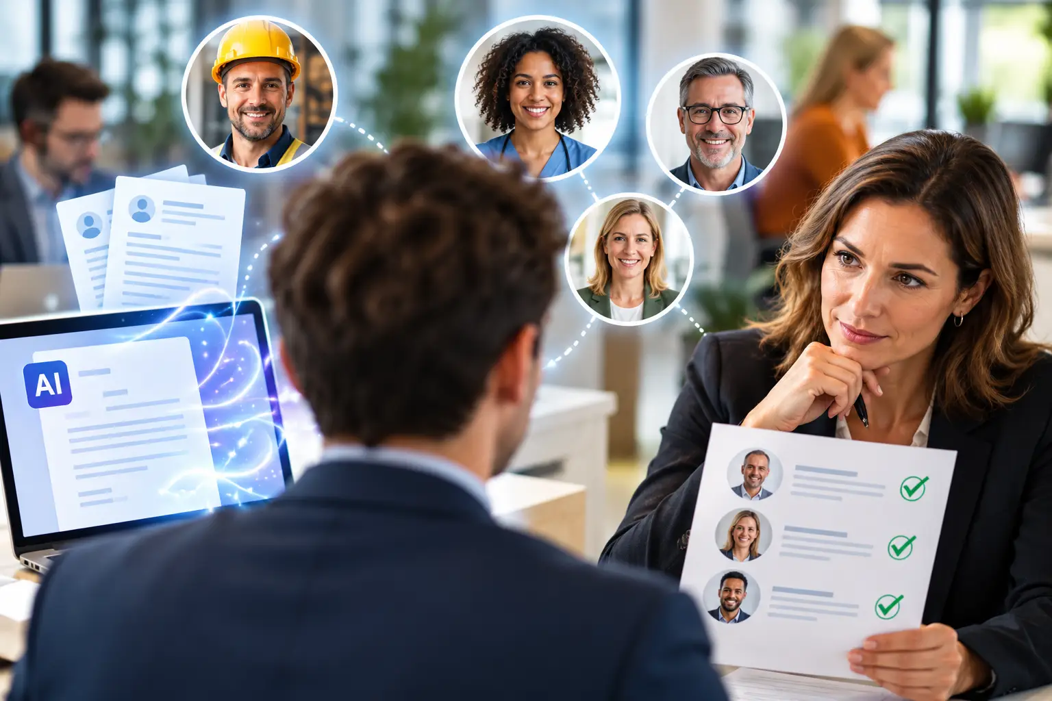 Illustratie van sollicitanten en recruiters die AI gebruiken bij sollicitaties en referenties beoordelen.