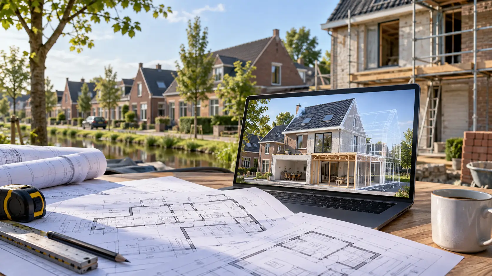 Bouwtekeningen op een werktafel in een Nederlandse woonwijk, met een laptop die een 3D-model van een woninguitbreiding toont.