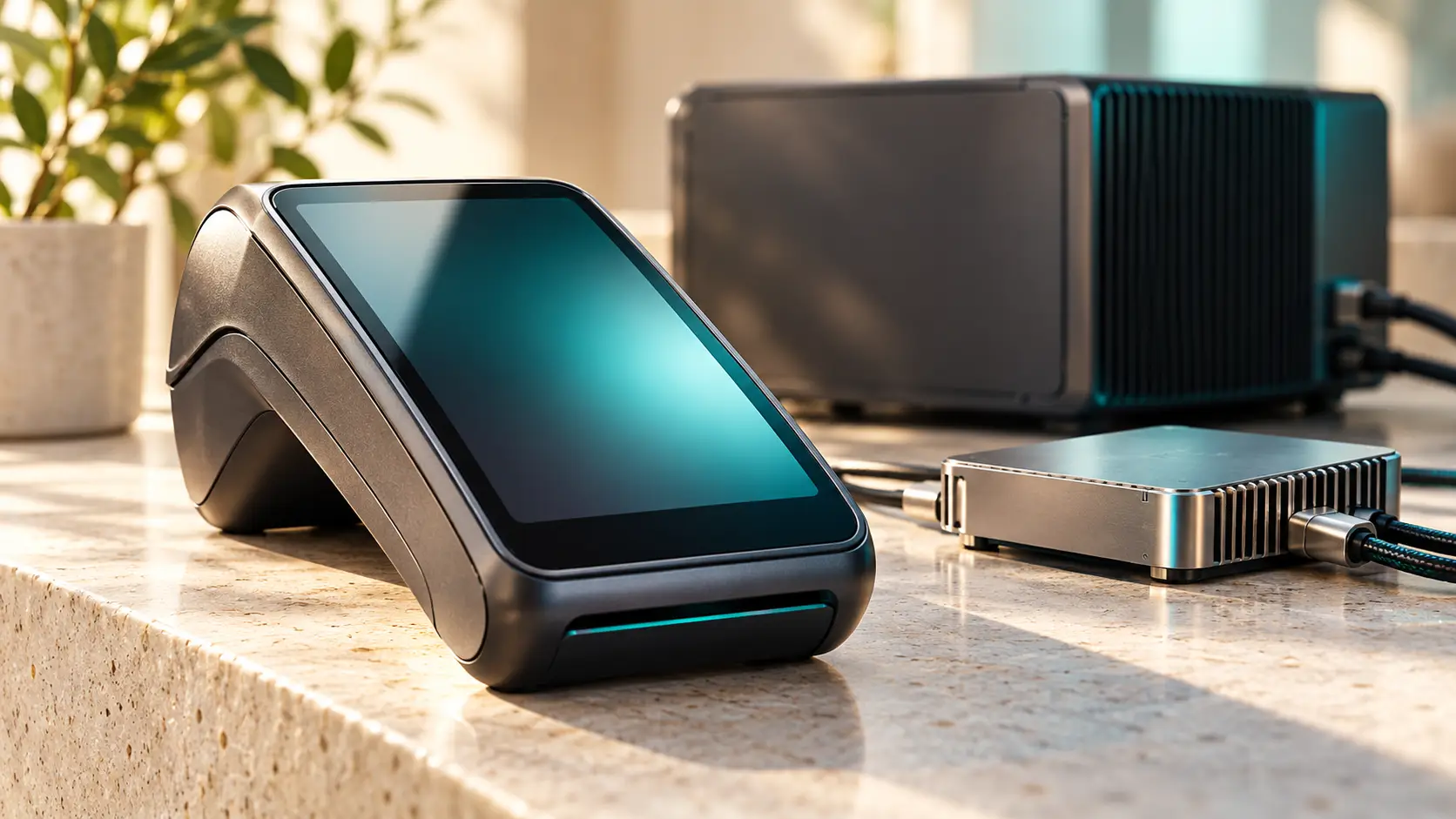 Betaalterminal met leeg scherm en compacte computerhardware op een lichte toonbank, belicht met subtiele turquoise accenten