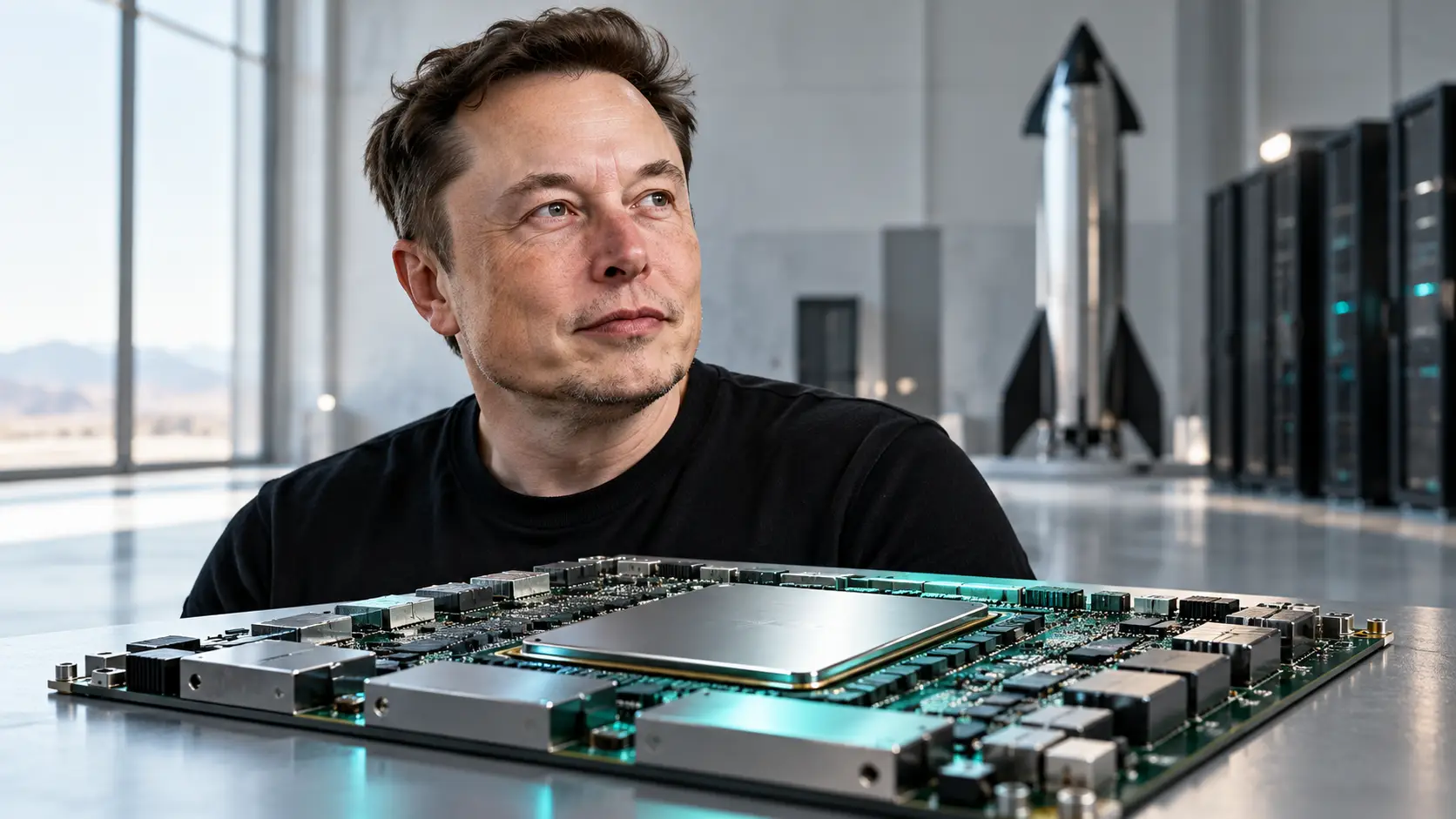 Illustratie van Elon Musk met een grote AI-chip op de voorgrond, een zilveren raket en serverkasten op de achtergrond.