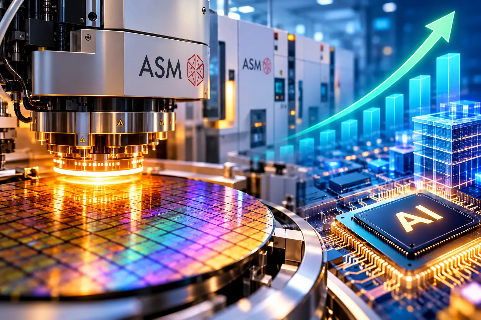 Chipmachine verwerkt een kleurrijke siliciumwafer, met op de achtergrond een stijgende groeigrafiek en halfgeleiders.