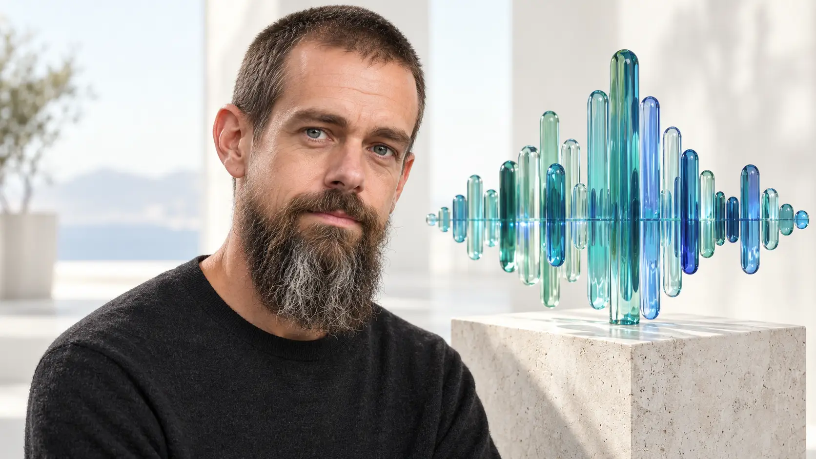 Illustratie van Jack Dorsey naast een glazen geluidsgolf in mintgroen en blauw, als symbool voor spraak-AI.