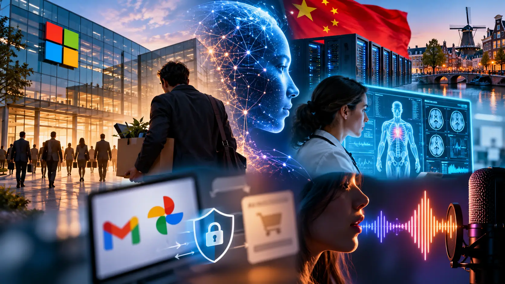 Medewerker verlaat een technologiebedrijf met een doos, omringd door beelden van AI, medische technologie en spraakherkenning.