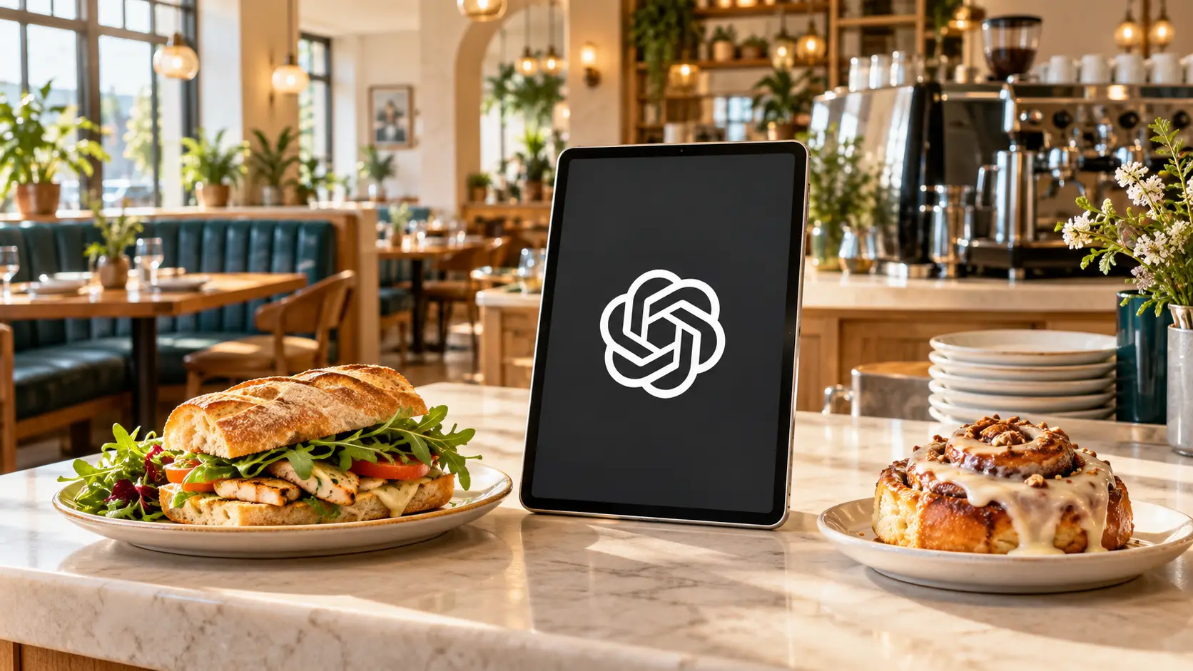 Tablet met het OpenAI-symbool tussen een sandwich en een kaneelbroodje op de balie van een licht restaurant.