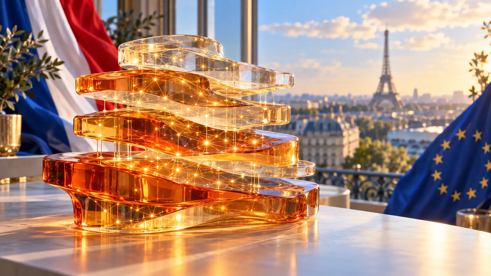 Oranje glazen AI-structuur met lichtverbindingen, Franse en Europese vlaggen en de Eiffeltoren op de achtergrond.