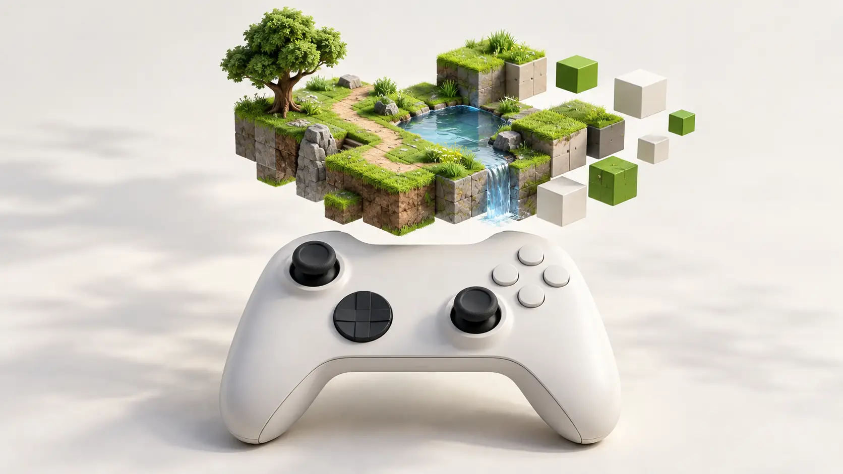 Witte gamecontroller met daarboven een zwevende miniatuurwereld van gras, een boom, water en losse bouwblokken.