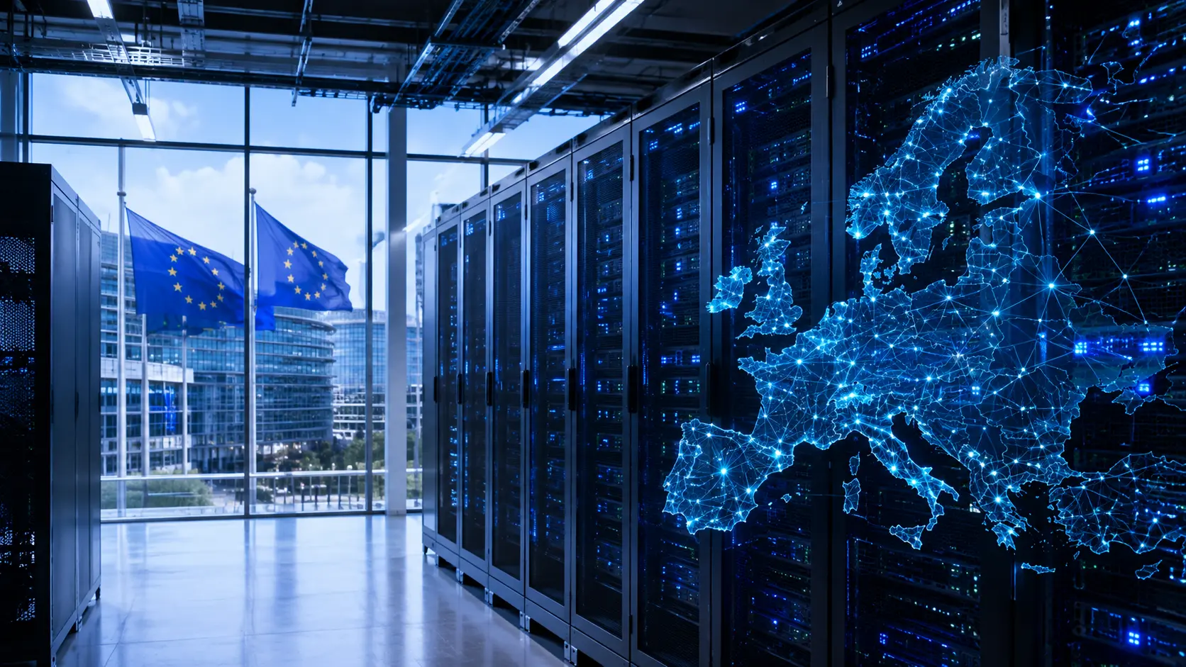 Mistral AI infrastructure in a European data center, with EU flags and a digital map of Europe highlighting connected AI compute.