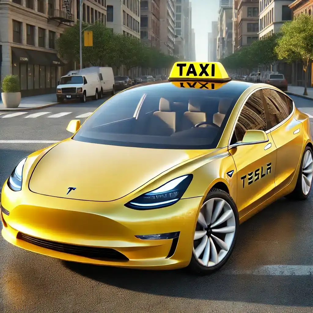 dalle 2024 11 04 150831 a detailed photorealistic image of a yellow taxi tesla resembling the new model 3 the car is shown on a city street with clear details of its sleek