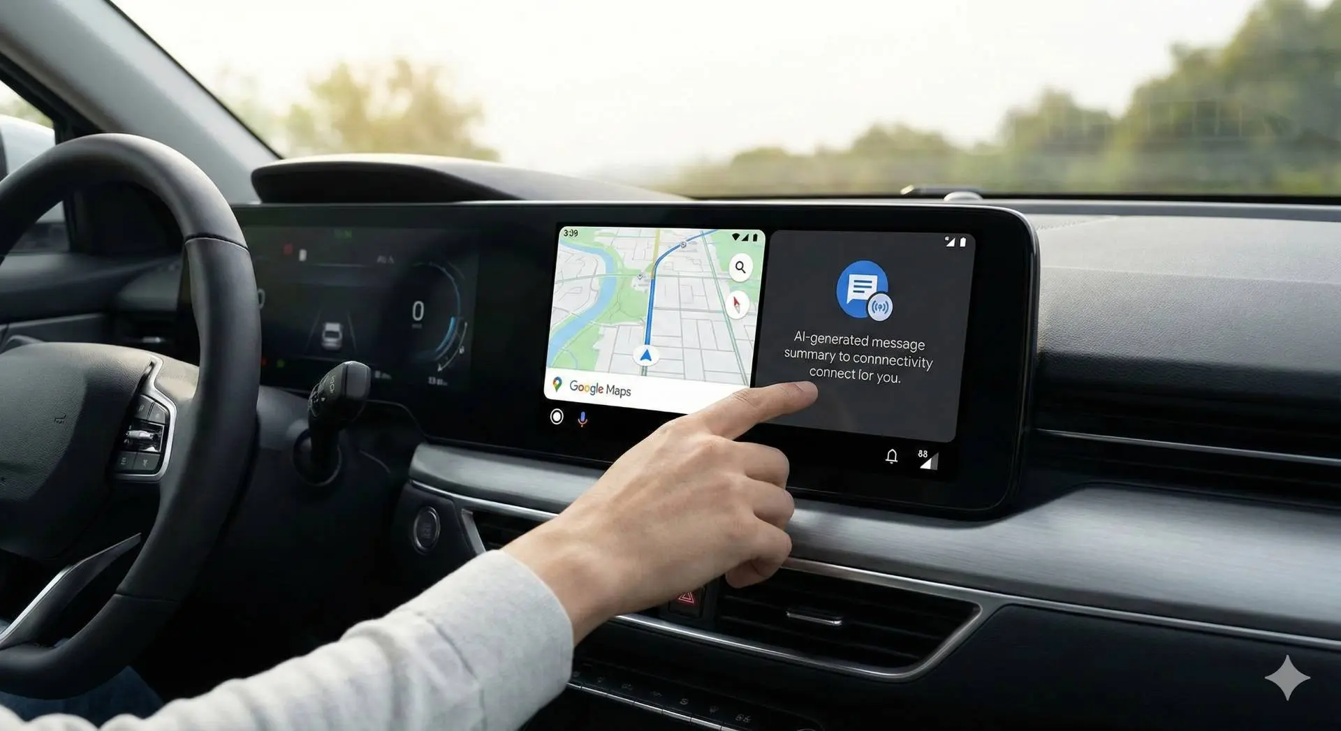 Mano che clicca su schermo di un'auto con android auto e funzione sull'intelligenza artificiale