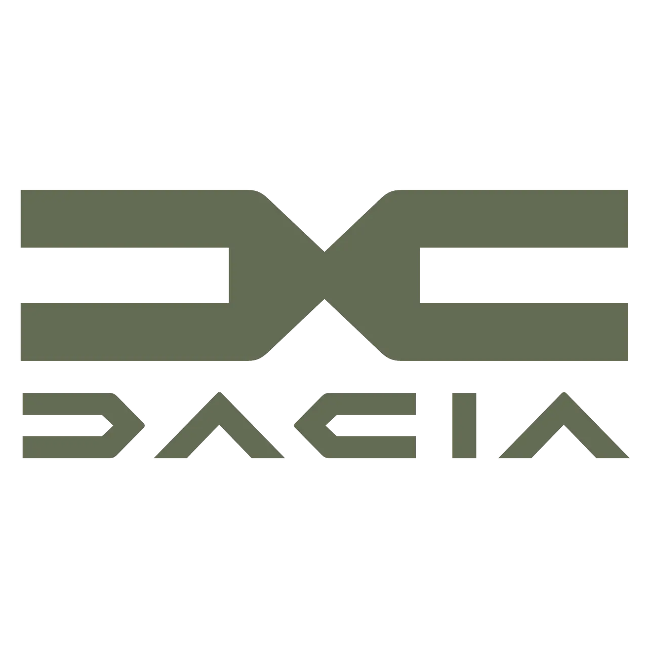 il logo della dacia in verde oliva. è composto da una D iniziale collegata subito dopo da una C e sotto è presente il nome completo della marca
