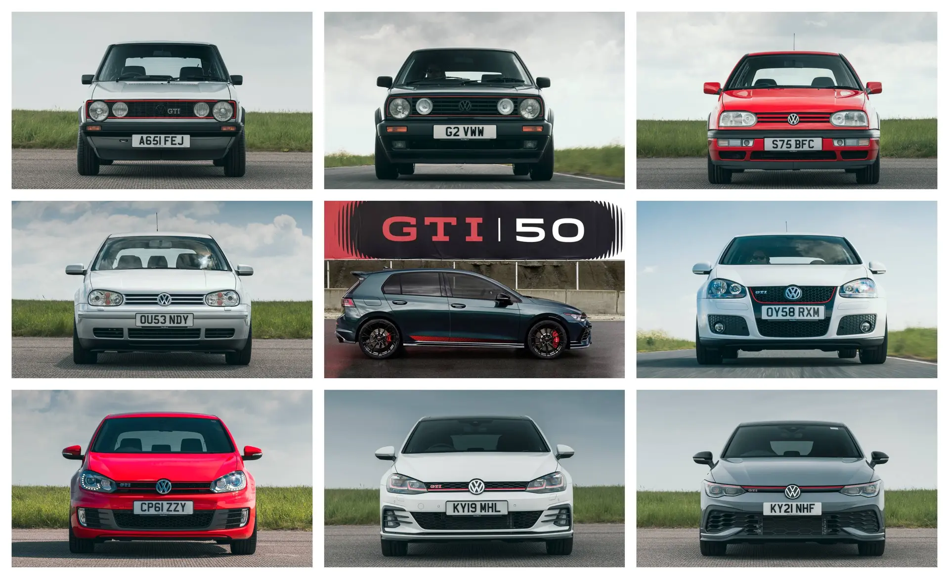 9 golf gti di tutte le generazioni con la prima in alto a sinistra e l'ultima al centro