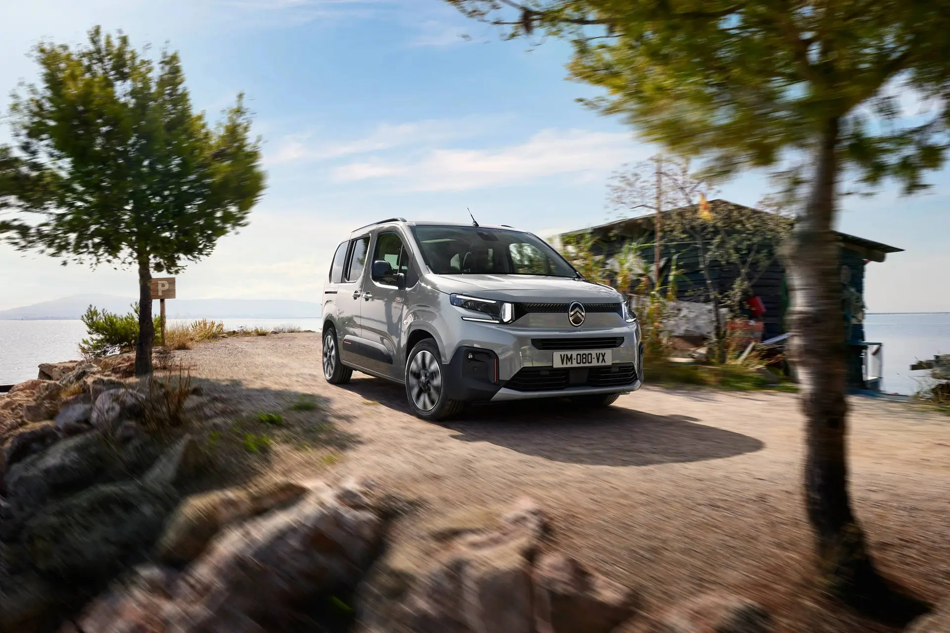 citroen-berlingo diesel di colore grigio percorre una strada sterrata tra due alberi con una casa sullo sfondo