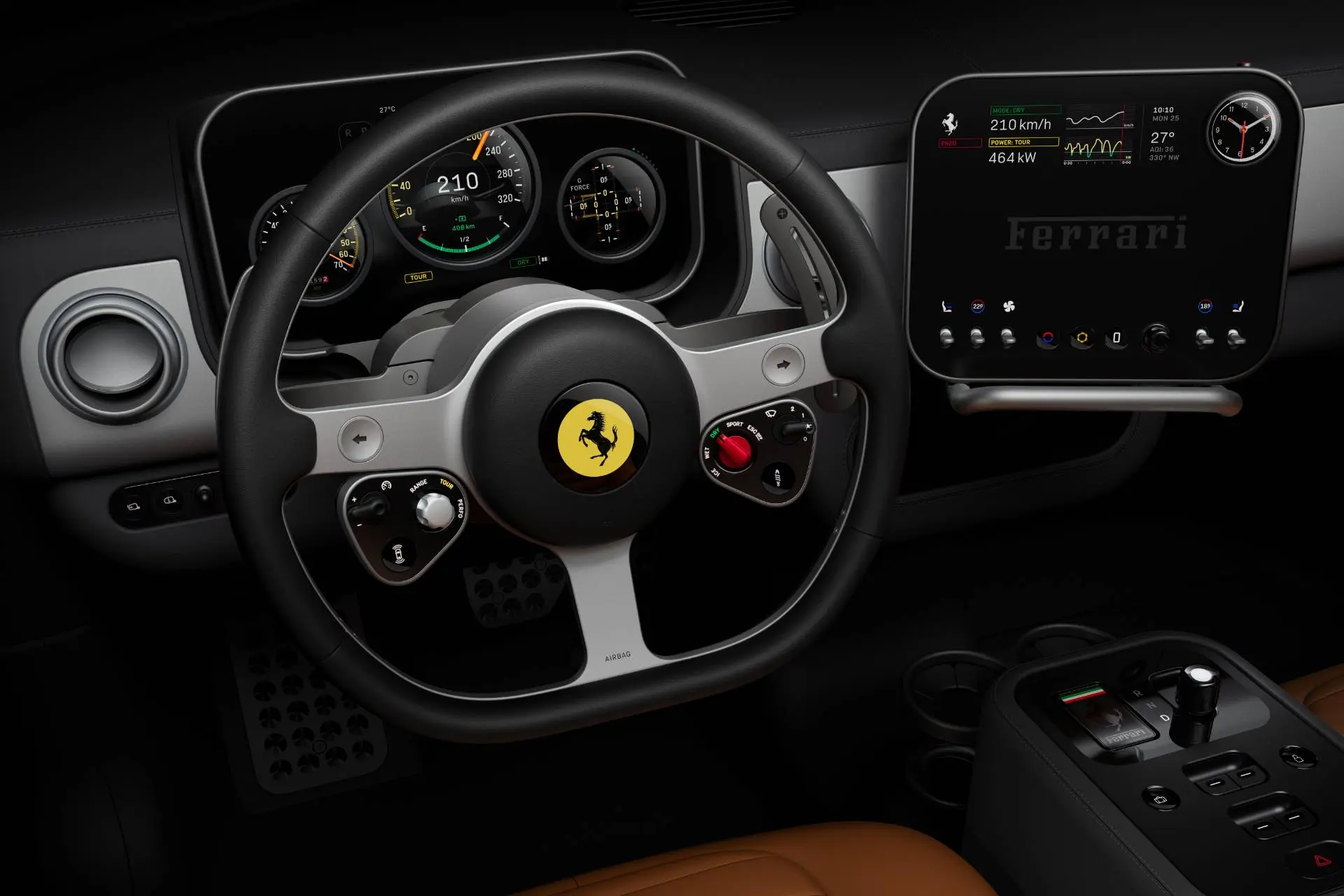 gli interni completi della ferrari luce, la nuova elettrica, volante, schermo e cambio