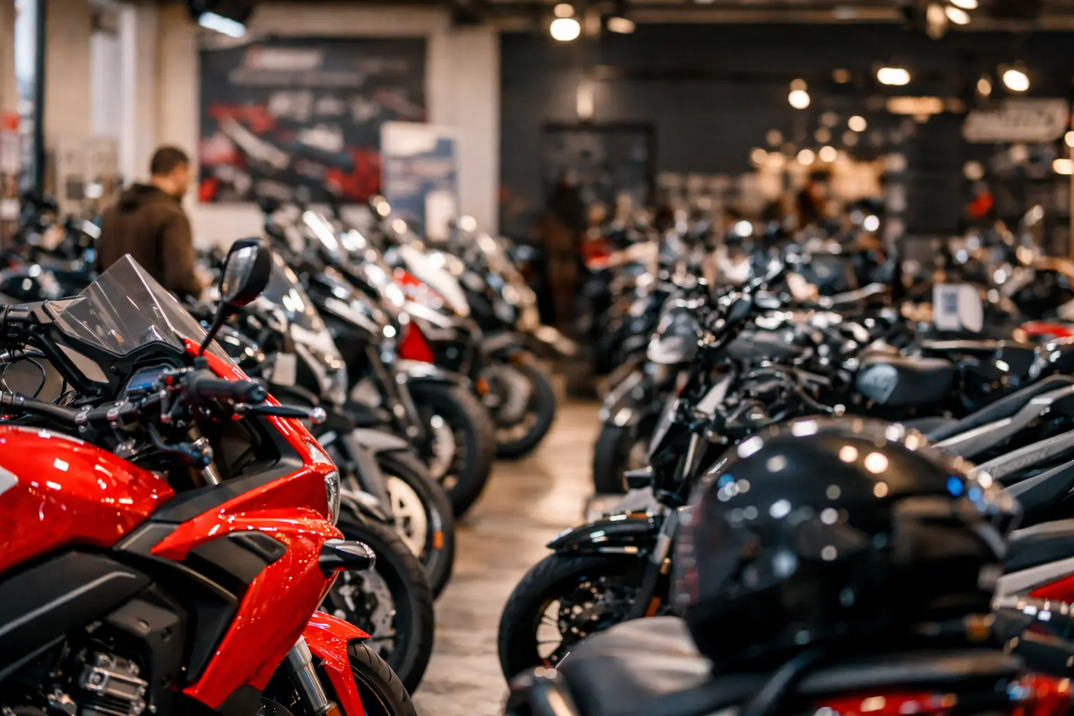 moto all'interno di un concessionario sfondo neutro con casco in primo piano