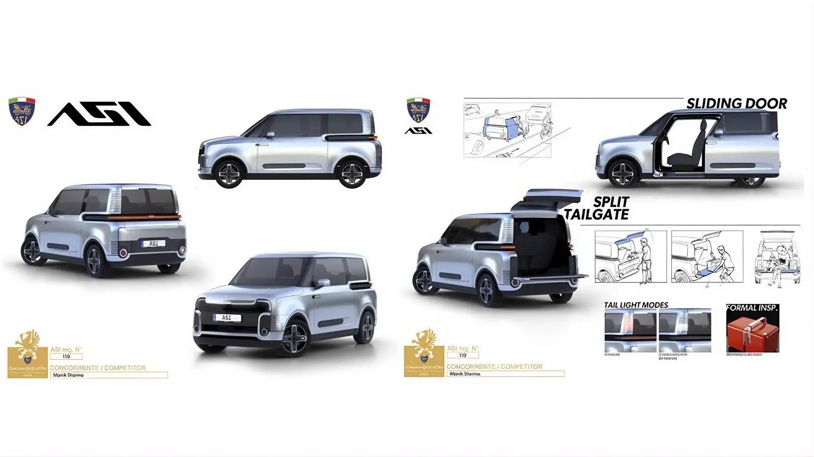 sketch del modello disegnato da Manik Sharma che ha vinto il premio grifo d'oro asi. si vedono diversi bozzetti dell'auto