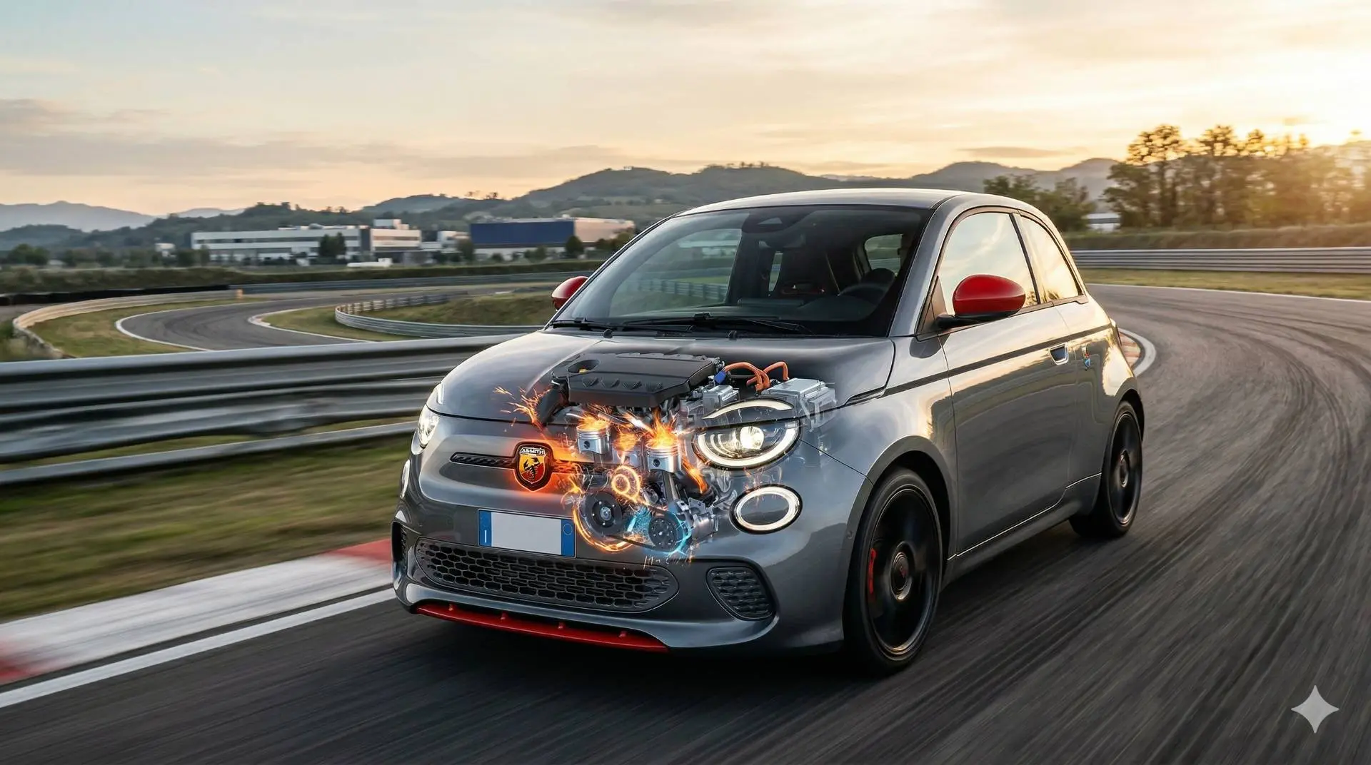 Una foto dinamica di un'auto sportiva compatta grigia, un'Abarth 500, con specchietti rossi e cerchi neri, mentre percorre rapidamente una pista da corsa asfaltata al tramonto