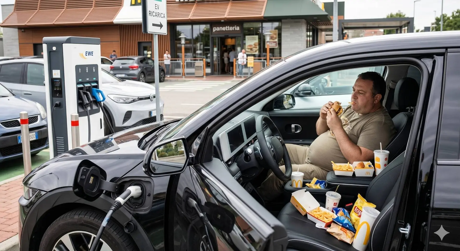 Un uomo sovrappeso mangia un hamburger in un'auto elettrica (Ioniq 5) piena di rifiuti di fast food, mentre è collegata a una colonnina di ricarica EWE Go. Sullo sfondo, un cartello 'EV RICARICA' a un parcheggio McDonald's.