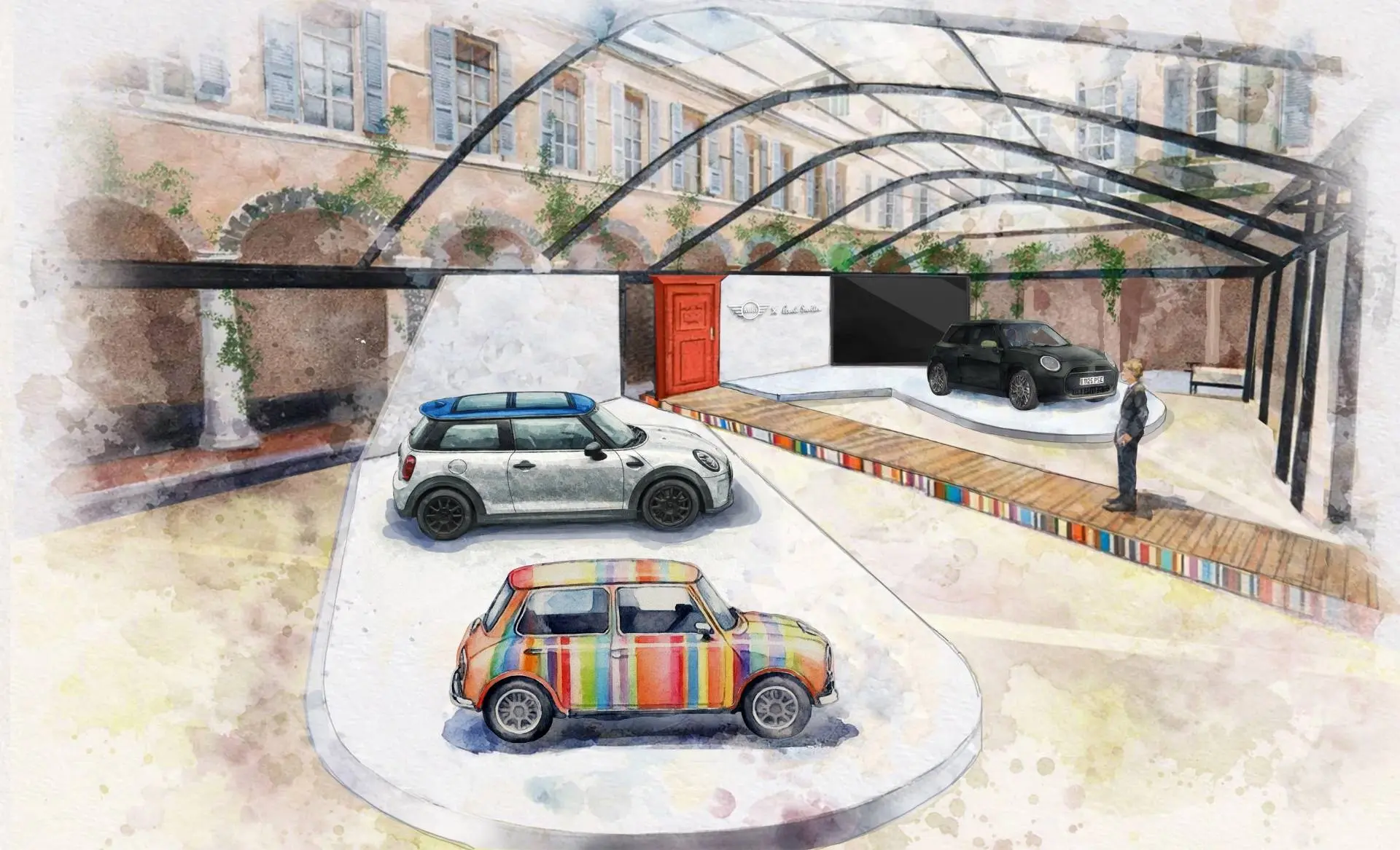 mini-GARDEN-salonemobile-milano sketch che ritrae l'istallazione di mini alla design week