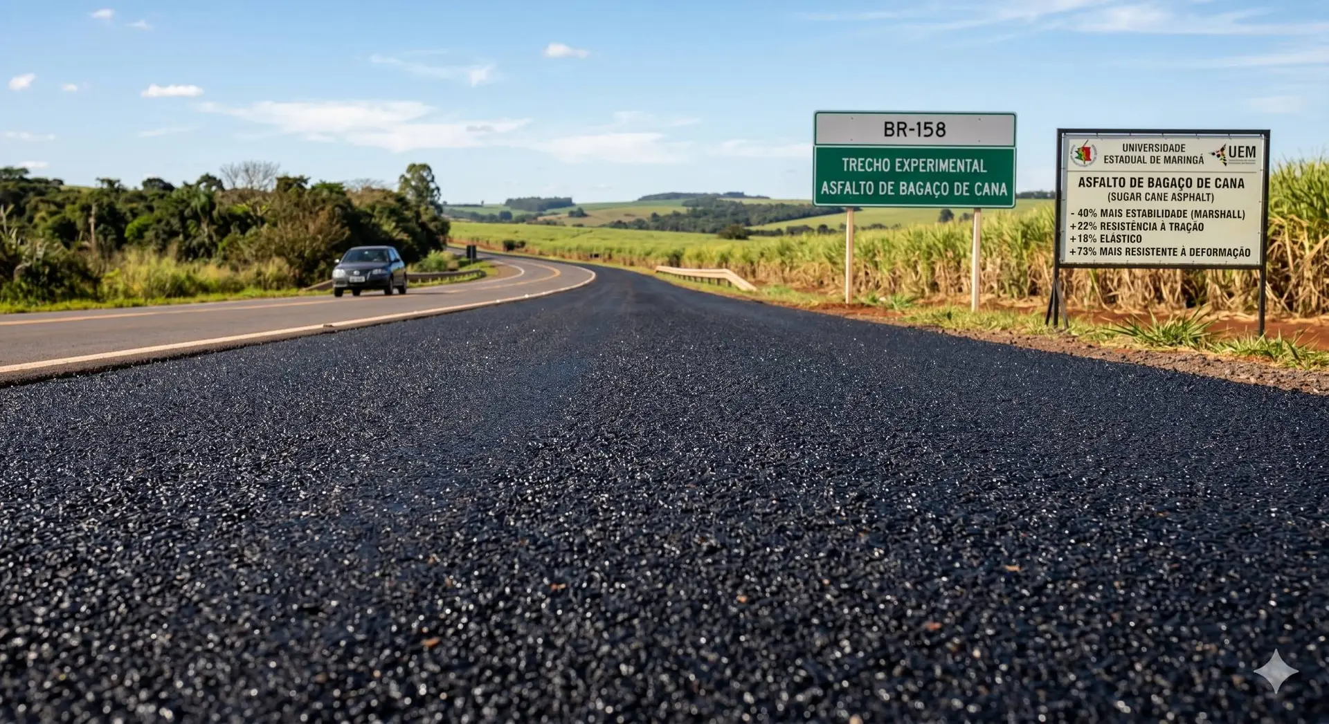 asfalto fatto con zucchero si vede una strada asfaltata fresca con un'auto sulla sinistra e due cartelli sulla destra