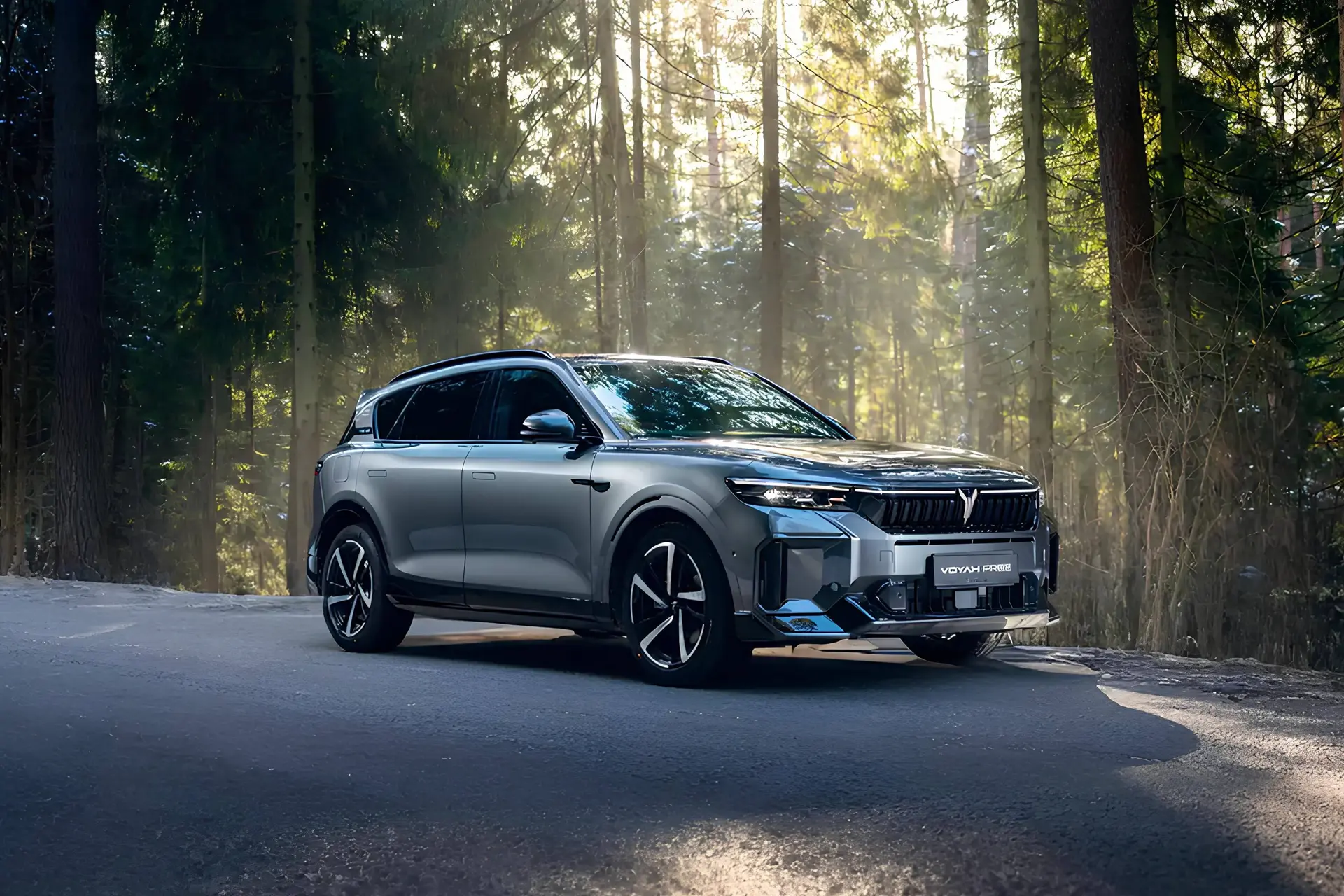voyah free di colore grigio parcheggiata in mezzo alla foresta