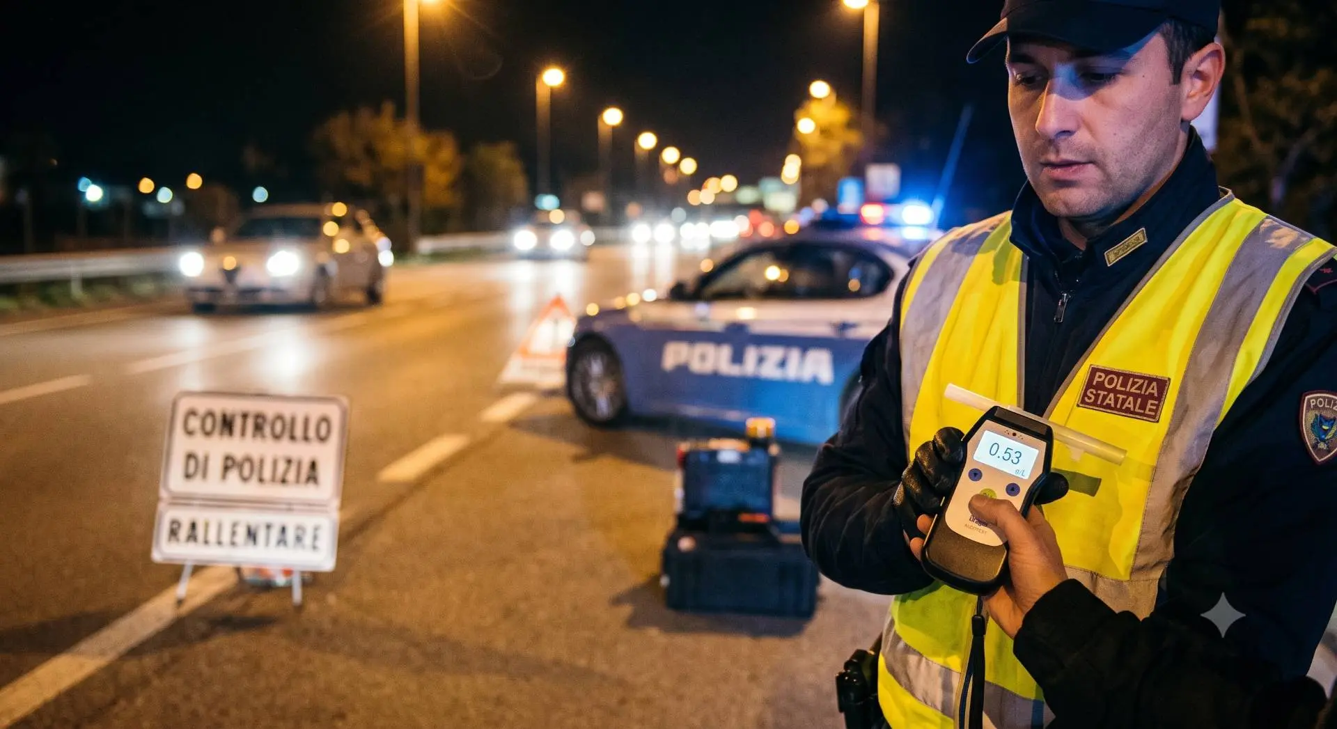 Poliziotto che esegue l'alcoltest in italia con dietro una volante