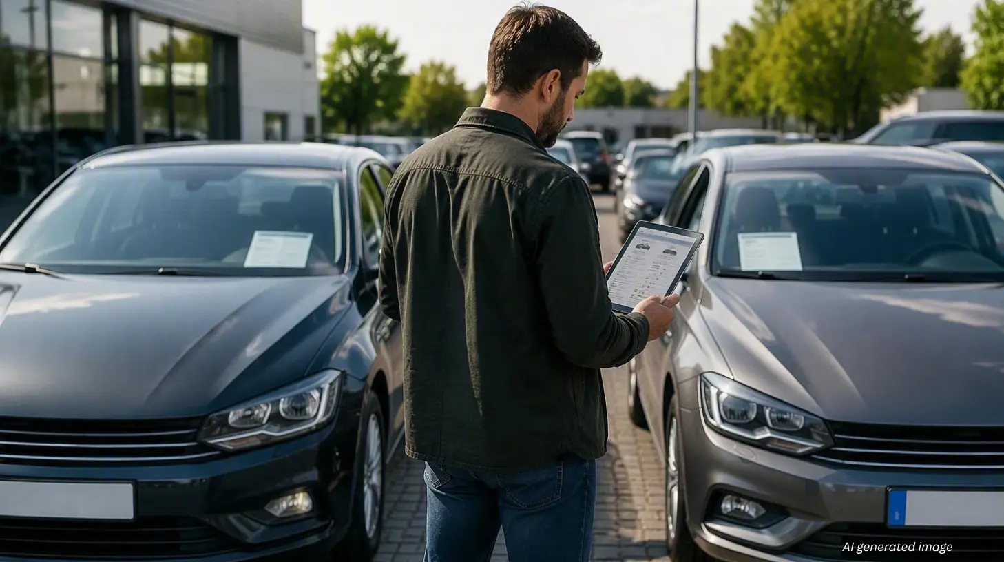 uomo davanti a due auto che controlla le informazioni prima di comprarle