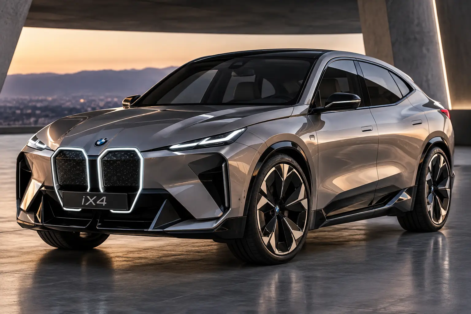 Futuristische BMW iX4 bij zonsondergang