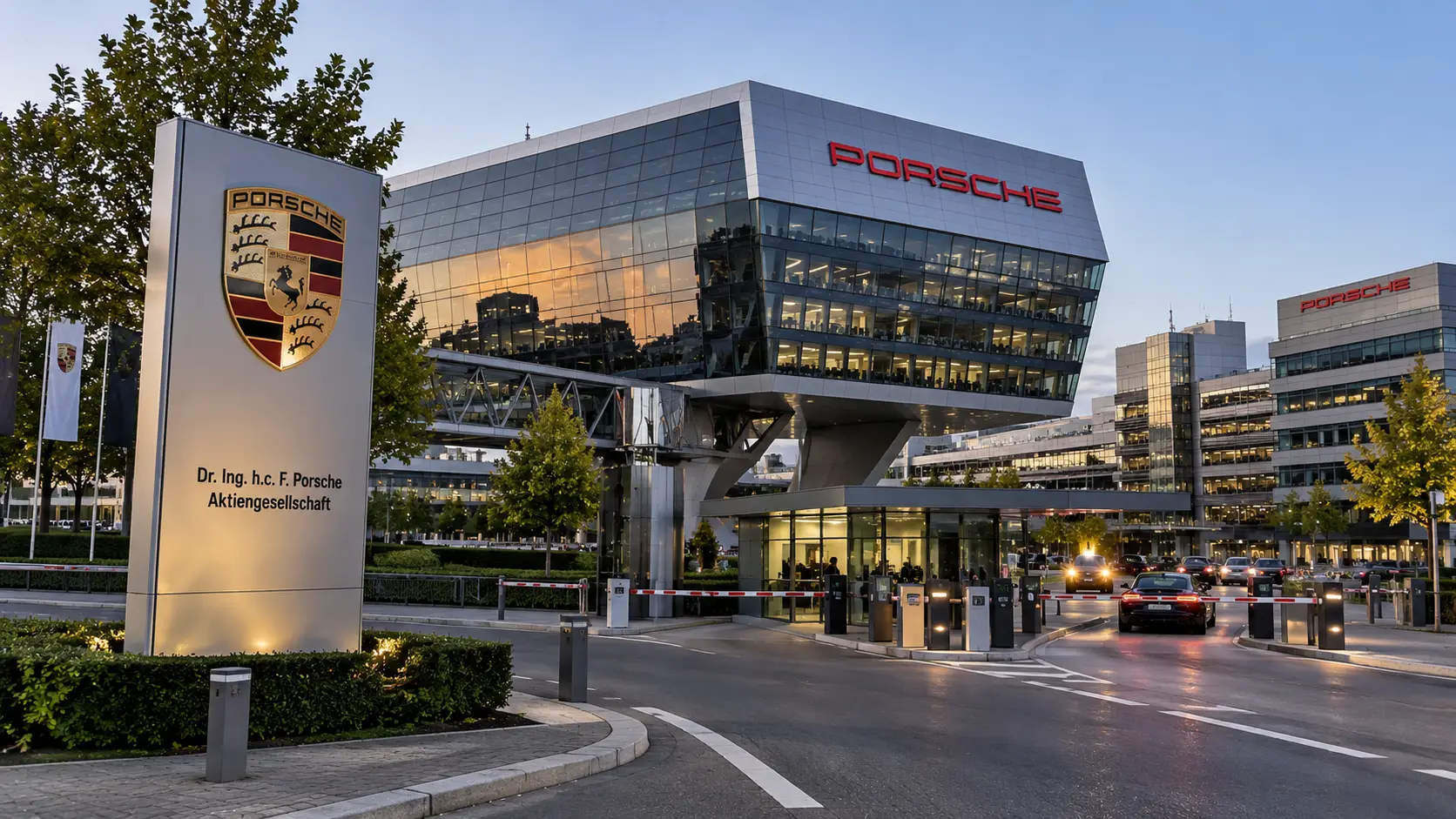 Porsche-hoofdkantoor bij schemering